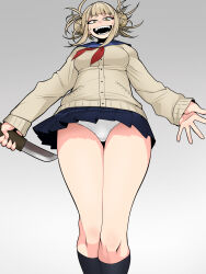 Rule 34 | 1girl, asha, black skirt, blonde hair, blue sailor collar, blunt bangs, boku no hero academia, breasts, brown cardigan, cardigan, commentary request, double bun, feet out of frame, from below, grey background, hair bun, highres, holding, kneehighs, long sleeves, looking at viewer, looking down, medium bangs, medium breasts, messy hair, miniskirt, neckerchief, open mouth, panties, pantyshot, pleated skirt, red neckerchief, sailor collar, school uniform, serafuku, short hair, simple background, skirt, sleeves past wrists, smile, socks, solo, standing, teeth, thighs, toga himiko, underwear, upskirt, weapon, white panties, yellow eyes