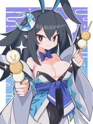 1girl animal_ears armor armpit_crease bare_shoulders black_bridal_gauntlets black_hair black_leotard blue_background blue_bow blue_bowtie bocchan_dango body_blush border bow bowtie breasts bridal_gauntlets bright_pupils cleavage collarbone crescent crescent_hair_ornament dango demon_girl detached_collar detached_sleeves disgaea disgaea_rpg eating extra_ears food frostlord_rozalin gradient_background hair_between_eyes hair_ornament highleg highleg_leotard highres holding holding_food japanese_armor japanese_clothes kote kurokote large_breasts leotard leotard_under_clothes long_hair makai_senki_disgaea_2 nontraditional_playboy_bunny obi official_alternate_costume official_alternate_hair_color pantyhose playboy_bunny pointy_ears rabbit_ears red_eyes rozalin sash shiny_skin skewer slit_pupils solo sparkle strapless strapless_leotard suaman traditional_bowtie wa_bunny wagashi white_border white_pantyhose