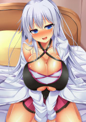 Rule 34 | 1girl, bed, blue eyes, blush, breasts, breasts squeezed together, bursting breasts, cleavage, clothes, collarbone, highres, huge breasts, long hair, looking at viewer, no bra, open mouth, ore twintail ni narimasu, seiza, shiny skin, shirt slip, silver hair, sitting, smile, solo, twoearle, underboob, yahiro (anhnw)