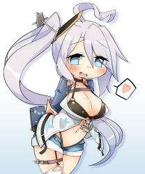 Rule 34 | 1girl, :d, ahoge, anchor, arms behind back, azur lane, belt, belt buckle, bikini, black belt, black bikini, black choker, black gloves, blue eyes, blue shorts, blush, breasts, buckle, choker, cleavage, collarbone, eyebrows, eyelashes, eyes visible through hair, facing away, fang, fingerless gloves, garter straps, gloves, gradient background, hair between eyes, halterneck, headgear, heart, heart-shaped pupils, heart ahoge, highleg, highleg bikini, jacket, large breasts, long hair, long sleeves, looking at viewer, navel, odabuts, open fly, open mouth, portland (azur lane), remodel (azur lane), short shorts, shorts, side ponytail, silhouette, silver hair, single thighhigh, skindentation, smile, solo, speech bubble, spoken heart, star (symbol), star print, stomach, swimsuit, symbol-shaped pupils, thigh strap, thighhighs, underboob, very long hair, white thighhighs