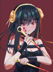 Rule 34 | 1girl, bare shoulders, black choker, black dress, black hair, blood, blood on face, bloody weapon, breasts, catch (catch9030), choker, chromatic aberration, cleavage, commentary, dress, film grain, fingerless gloves, floating hair, gloves, hair between eyes, hairband, highres, long hair, looking at viewer, medium breasts, parted lips, red background, red eyes, shadow, sidelocks, sleeveless, sleeveless dress, smile, solo, spy x family, upper body, weapon, yellow hairband, yor briar