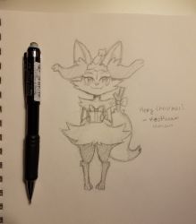 Rule 34 | 1girl, :3, animal ear fluff, animal ears, animal hands, artist name, blush, bow, box, braixen, christmas, closed mouth, creatures (company), dated, english text, fang, female focus, fox ears, fox tail, full body, fur-trimmed headwear, fur trim, furry, furry female, game freak, gen 6 pokemon, gift, greyscale, hands up, happy, hat, highres, holding, looking at viewer, mechanical pencil, merry christmas, mezmaroon, monochrome, nintendo, pencil, photo (medium), pigeon-toed, pokemon, pokemon (creature), santa hat, signature, simple background, sketch, smile, solo, standing, stick, tail, traditional media, white background