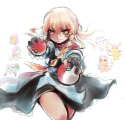Rule 34 | 1girl, black gloves, black skirt, black vest, blonde hair, braid, bulbasaur, charmander, closed mouth, commentary request, cookie (touhou), cowboy shot, creatures (company), game freak, gen 1 pokemon, gen 2 pokemon, gen 3 pokemon, gloves, hair between eyes, holding, holding poke ball, kirisame marisa, long sleeves, looking at viewer, mars (cookie), marutoman chuui, nintendo, partially fingerless gloves, patchouli knowledge, poke ball, pokemon, raichu, red scarf, ringed eyes, scarf, side braid, simple background, single braid, skirt, smile, solo focus, squirtle, taisa (cookie), togepi, torchic, touhou, vest, white background, yellow eyes
