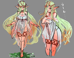 Rule 34 | &gt;:o, 1girl, :o, ankle ribbon, bare shoulders, barefoot, blush, breasts, character sheet, choker, cleavage, elf, full body, green hair, groin, hair over one eye, hand on own chin, headpiece, hey taisyou, jewelry, large breasts, leg ribbon, long hair, looking at viewer, multiple views, necklace, no panties, original, pointy ears, ribbon, sketch, smile, standing, sweatdrop, thigh ribbon, thigh strap, v-shaped eyebrows, very long hair, yellow eyes