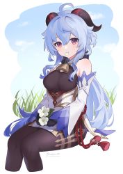 Rule 34 | 1girl, ahoge, bare shoulders, bell, black bow, black gloves, black pantyhose, blue hair, bodystocking, bow, breasts, commentary, cowbell, detached sleeves, eating, flower, ganyu (genshin impact), genshin impact, gloves, grass, hair bow, highres, holding, holding flower, horns, large breasts, long hair, long sleeves, looking at viewer, low ponytail, mouth hold, pantyhose, petals, petals in mouth, purple eyes, sidelocks, sitting, skirt, sky, smile, solo, sweatdrop, tassel, thighband pantyhose, unapyo 00, very long hair, white skirt