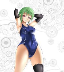 Rule 34 | 1girl, armpits, arms behind head, arms up, artist request, black thighhighs, blush, breasts, caladrius, cameltoe, covered erect nipples, covered navel, elbow gloves, eleanor riegl, gloves, green hair, highres, looking at viewer, one-piece swimsuit, parted lips, red eyes, shiny clothes, shiny skin, short hair, single thighhigh, solo, swimsuit, thighhighs