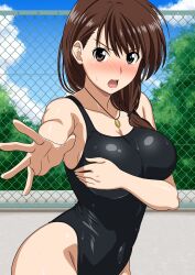 1girl absurdres black_one-piece_swimsuit blush borrowed_character breasts brown_eyes brown_hair chain-link_fence commission competition_swimsuit covering_breasts covering_privates fence hair_over_shoulder highres jewelry large_breasts long_hair looking_at_viewer necklace nose_blush one-piece_swimsuit original skeb_commission solo swimsuit yuuyuu_(3jjbn)