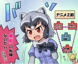 Rule 34 | 10s, 2girls, animal ears, black bow, black hair, blonde hair, blouse, bow, bowtie, commentary request, common raccoon (kemono friends), domoge, eyelashes, fennec (kemono friends), fox ears, fox tail, fur collar, gradient background, grey hair, hair between eyes, kemono friends, multicolored hair, multiple girls, pink shirt, puffy short sleeves, puffy sleeves, raccoon ears, shirt, short hair, short sleeves, source quote parody, tail, translation request, white hair