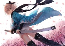 Rule 34 | 1girl, ahoge, black bow, black scarf, black sleeves, black thighhighs, bow, dutch angle, fate (series), hair between eyes, hair bow, haori, heri (sniper579), highres, holding, holding sheath, holding sword, holding weapon, japanese clothes, kimono, koha-ace, long sleeves, looking at viewer, obi, okita souji (fate), okita souji (koha-ace), ponytail, sash, scarf, sheath, sheathed, short kimono, silver hair, solo, standing, sword, thighhighs, weapon, white kimono, yellow eyes