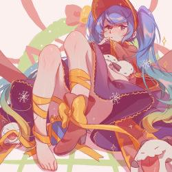 Rule 34 | 1girl, bare legs, blue eyes, blue hair, blush, box, commentary request, dress, gift, gift box, gift wrapping, hair between eyes, highres, league of legends, leaning back, leg wrap, long hair, looking at viewer, multicolored hair, poro (league of legends), purple dress, red footwear, red headwear, ruan chen yue, shoes, silent night sona, single shoe, sitting, solo, sona (league of legends), twintails, very long hair