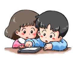 Rule 34 | 1boy, 1girl, :o, bad id, bad twitter id, black hair, blush stickers, child, inactive account, open mouth, original, pajamas, short hair, simple background, tablet pc, white background, youseisan255