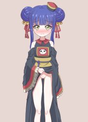 Rule 34 | 1girl, bare shoulders, bell, blue hair, blush, brown background, chinese clothes, closed mouth, clothes lift, double bun, dress, dress lift, hair bell, hair bun, hair ornament, highres, jashin-chan dropkick, kyon-kyon (jashin-chan dropkick), looking at viewer, no panties, pussy, simple background, solo, yellow eyes