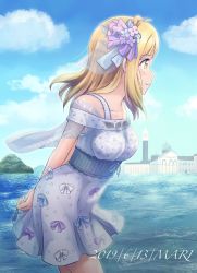 Rule 34 | 1girl, 2019, arm behind back, artist name, artist request, b.ren, bare shoulders, blonde hair, blue bow, blue dress, blue sky, bow, braid, breasts, character name, cloud, cowboy shot, crown braid, dated, day, dress, female focus, from side, hair bow, hair ribbon, hair rings, highres, love live!, love live! school idol festival, love live! sunshine!!, medium breasts, new winding road, ocean, ohara mari, outdoors, ribbon, see-through, short hair, sky, smile, solo, standing, town, yellow eyes