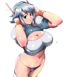 Rule 34 | 1girl, bad id, bad pixiv id, blue eyes, blush, breasts, cleavage, grey hair, large breasts, original, saruanu, shiny clothes, shiny skin, short hair, solo, thighhighs, wristband