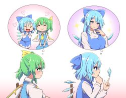 2girls aged_up alternate_hair_length alternate_hairstyle blue_eyes blue_hair bow cirno closed_eyes daiyousei dress green_eyes green_hair hair_bow hand_on_own_chin heart highres ice ice_wings imagining long_hair looking_at_another medium_hair multiple_girls open_mouth simple_background smile sparkle suwaneko touhou wings yuri