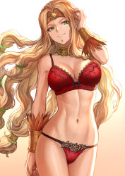 Rule 34 | 1girl, abs, adjusting hair, arm up, aztec, bare shoulders, blonde hair, blush, bow, bow bra, bra, bracer, breasts, brushing hair, brushing own hair, choker, circlet, cleavage, collarbone, earrings, fate/grand order, fate (series), floral print, gradient background, green eyes, hair ornament, headband, headdress, highres, jewelry, lace, lace-trimmed bra, lace trim, large breasts, lingerie, long hair, looking at viewer, mashuu (neko no oyashiro), navel, panties, quetzalcoatl (fate), red bra, red panties, simple background, smile, solo, thighs, underwear, underwear only, very long hair