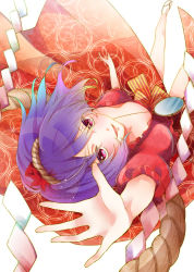 Rule 34 | 1girl, ami7, arm up, bad id, bad pixiv id, blush, female focus, from below, hair ornament, highres, looking up, open mouth, purple hair, red eyes, rope, shimenawa, short hair, smile, solo, touhou, yasaka kanako