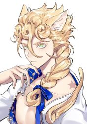 Rule 34 | 1boy, adapted costume, animal ear fluff, animal ears, birthmark, bow, braid, cat boy, cat ears, center opening, chinese commentary, claws, cleavage cutout, clip studio paint (medium), closed mouth, clothing cutout, commentary request, extra ears, giorno giovanna, green eyes, hair between eyes, hair bow, hair ribbon, hand up, highres, joestar birthmark, jojo no kimyou na bouken, kemonomimi mode, pectoral cleavage, male focus, pectorals, ribbon, simple background, single braid, solo, studded, symbol-only commentary, tiyi (tiyi a09), vento aureo, white background