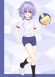 Rule 34 | 1girl, ball, blush, braid, breasts, buruma, dhiparizky, gym uniform, hair ornament, highres, kami jigen game neptune v, long hair, medium breasts, neptune (series), open mouth, pink eyes, purple hair, pururut, solo, standing, standing on one leg, volleyball, volleyball (object)