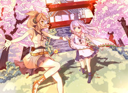 Rule 34 | 2girls, ankle ribbon, belt, blonde hair, blue eyes, blue footwear, boots, bracelet, breasts, brown shirt, bush, cherry blossoms, day, earmuffs, frilled skirt, frills, gradient hair, grass, hat, holding hands, japanese clothes, jewelry, kai (lolicc), leg ribbon, legs, light particles, long sleeves, looking at another, looking back, mononobe no futo, multicolored hair, multiple girls, outdoors, outstretched arm, pink hair, pom pom (clothes), purple skirt, ribbon, ribbon-trimmed sleeves, ribbon trim, running, scabbard, shadow, sheath, sheathed, shirt, short hair, shrine, silver hair, skirt, sleeveless, small breasts, smile, sparkle, stairs, sunlight, sword, tate eboshi, thighs, touhou, toyosatomimi no miko, tree, weapon, wide sleeves, yellow eyes