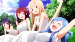Rule 34 | 10s, 4girls, :3, bare shoulders, blonde hair, blue hair, blush, breasts, brown eyes, brown hair, closed mouth, cloud, collarbone, day, doma umaru, dress, ebina nana, closed eyes, forest, grass, hair ornament, hairband, hands up, highres, himouto! umaru-chan, kneeling, large breasts, laughing, long dress, lying, messy hair, motoba kirie, multiple girls, nature, on back, open mouth, ponytail, purple eyes, purple hair, screencap, short sleeves, sitting, sky, small breasts, smile, stitched, stretching, tachibana sylphynford, third-party edit, twintails, wavy hair, white dress