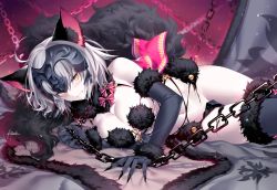 Rule 34 | 1girl, ahoge, animal ears, artist name, bare shoulders, black gloves, black panties, black thighhighs, blush, bow, breasts, chain, claws, cleavage, clenched teeth, commentary request, cosplay, cross-laced clothes, elbow gloves, embarrassed, fate/grand order, fate (series), flag, fur-trimmed gloves, fur-trimmed legwear, fur collar, fur trim, gloves, halloween costume, headpiece, hip focus, jeanne d&#039;arc (fate), jeanne d&#039;arc alter (avenger) (fate), jeanne d&#039;arc alter (fate), kousaki rui, large breasts, looking at viewer, lying, mash kyrielight, mash kyrielight (dangerous beast), mash kyrielight (dangerous beast) (cosplay), navel, official alternate costume, on side, pale skin, panties, pink bow, revealing clothes, short hair, signature, silver hair, solo, tail, teeth, thighhighs, thighs, torn clothes, torn panties, underwear, wolf ears, wolf tail, yellow eyes