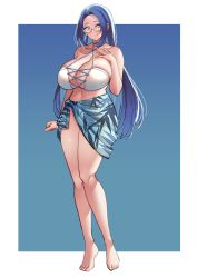 Rule 34 | 1girl, bikini, bikini top only, blood hood, blue background, blue eyes, blue hair, breasts, cleavage, collarbone, commission, commissioner upload, dawn (nepdraws), full body, glasses, gradient background, hair intakes, highres, huge breasts, long hair, mole, mole under eye, navel, original, outside border, second-party source, simple background, skindentation, skirt, solo, standing, swimsuit, tall female