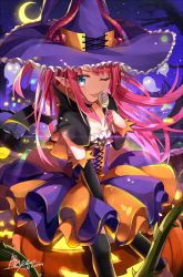 Rule 34 | 1girl, ;p, artist name, bare tree, between legs, black thighhighs, blue eyes, breasts, candy, cleavage, closed mouth, crescent moon, dress, earrings, elizabeth bathory (fate), elizabeth bathory (fate/extra ccc), elizabeth bathory (halloween caster) (fate), fate/grand order, fate (series), food, hand between legs, hat, holding, holding food, horns, jack-o&#039;-lantern, jewelry, lollipop, long hair, looking at viewer, moon, one eye closed, outdoors, over-kneehighs, plant, pointy ears, purple hair, rin yuu, sidelocks, signature, small breasts, smile, solo, striped clothes, striped dress, thighhighs, tongue, tongue out, tree, tsurime, two side up, vertical-striped clothes, vertical-striped dress, vines, witch hat