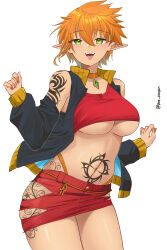 Rule 34 | 1girl, :d, absurdres, bare shoulders, black jacket, breasts, character request, choker, commission, copyright request, cowboy shot, crop top, detached sleeves, green eyes, hair between eyes, hands up, highres, hip vent, jacket, jewelry, large breasts, leg tattoo, light blush, long sleeves, looking at viewer, messy hair, midriff, miniskirt, navel, open clothes, open jacket, open mouth, orange choker, orange hair, panty straps, pencil skirt, pendant, pinepin, pointy ears, red shirt, red skirt, shirt, short hair, shoulder tattoo, simple background, skirt, sleeveless, sleeveless jacket, smile, solo, standing, stomach, stomach tattoo, tattoo, thighs, tongue, tongue out, twitter username, underboob, w arms, white background