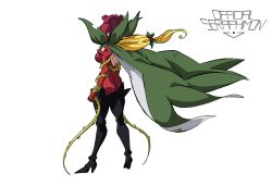 Rule 34 | 1girl, ass, billowing cape, blonde hair, bodysuit, boots, cape, digimon, from behind, high heels, highres, long hair, looking away, official seraphimon, red bodysuit, rosemon, solo, thigh boots, thorns, two-tone cape, whip