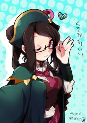 Rule 34 | 1girl, adjusting eyewear, ascot, bicorne, brown hair, brown vest, closed mouth, glasses, green hat, guildmarm (monster hunter), hat, hisaboden, long hair, long sleeves, looking at viewer, monster hunter, monster hunter (series), monster hunter 4, one eye closed, outstretched arm, polka dot, polka dot background, red ascot, semi-rimless eyewear, shirt, smile, solo, translation request, vest, white shirt