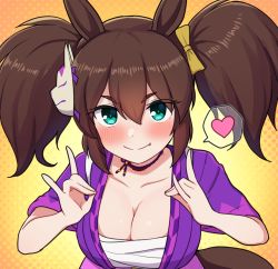 Rule 34 | 1girl, animal ears, blue eyes, blush, breasts, brown hair, cleavage, collarbone, commentary request, fang, fox shadow puppet, heart, horse ears, horse girl, horse tail, inari one (umamusume), japanese clothes, jewelry, large breasts, md5 mismatch, medium hair, necklace, sarashi, simple background, smile, solo, spoken heart, tail, takiki, umamusume