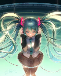 Rule 34 | 1girl, aqua eyes, aqua hair, aqua necktie, bare shoulders, black skirt, black sleeves, black thighhighs, cable, collared shirt, commentary request, detached sleeves, floating hair, frills, hair between eyes, hair ornament, hands on headphones, hatsune miku, headphones, highres, long hair, looking at viewer, miku day, monitor, necktie, number tattoo, parted lips, pleated skirt, plug, shirt, shoulder tattoo, signature, skirt, sleeveless, sleeveless shirt, solo, tattoo, thighhighs, twintails, very long hair, vocaloid, yamashiro kogane, zettai ryouiki