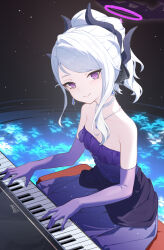 Rule 34 | 1girl, absurdres, blue archive, chiyo akira, dress, elbow gloves, gloves, highres, hina (blue archive), hina (dress) (blue archive), instrument, looking at viewer, piano, purple dress, purple eyes, smile, solo, strapless, strapless dress, white hair