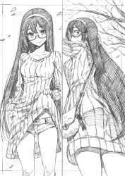 Rule 34 | 1girl, absurdres, alternate costume, anchor, bag, clothes lift, cowboy shot, dress, dress lift, glasses, greyscale, hairband, handbag, highres, kantai collection, kojima takeshi, lifted by self, long hair, looking at viewer, monochrome, ooyodo (kancolle), ribbed sweater, semi-rimless eyewear, short shorts, shorts, shorts under dress, solo, standing, sweater, sweater dress, sweater lift, tree, under-rim eyewear