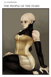 Rule 34 | 1girl, absurdres, all tomorrows, animification, bald, bald girl, black eyes, bodysuit, breasts, brown bodysuit, commentary, copyright name, detached sleeves, english commentary, hand on own thigh, highres, light frown, looking to the side, msra004, sitting, small breasts, solo, star people (all tomorrows)