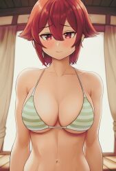 Rule 34 | 1girl, absurdres, aizawa tomo, bikini, bikini top only, blush, breasts, closed mouth, curtains, hachi (888hachi), highres, large breasts, looking at viewer, navel, raised eyebrows, red eyes, red hair, short hair, solo, stomach, striped bikini, striped clothes, sweatdrop, swimsuit, tomboy, tomo-chan wa onna no ko, upper body, wavy hair, window