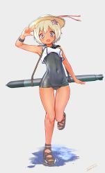 Rule 34 | 10s, 1girl, alternate hair length, alternate hairstyle, blonde hair, blue eyes, covered navel, crop top, flower, hair flower, hair ornament, hat, highres, jovejun, kantai collection, one-piece tan, toeless footwear, puddle, ro-500 (kancolle), sailor collar, school swimsuit, shoes, short hair, solo, swimsuit, swimsuit under clothes, tan, tanline, torpedo