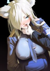 Rule 34 | 1girl, animal ear fluff, animal ears, armband, black background, blonde hair, blue archive, blue armband, blue eyes, blue jacket, blue necktie, blue shirt, blue skirt, blush, breasts, commentary, dog ears, finger in another&#039;s mouth, hair over one eye, halo, hand in pocket, hand on another&#039;s arm, highres, jacket, kanna (blue archive), large breasts, long hair, looking at viewer, mouth pull, necktie, nose blush, open mouth, police, police uniform, policewoman, pov, pov hands, ringed eyes, sharp teeth, shirt, sidelocks, simple background, skirt, solo focus, swept bangs, teeth, uniform, very long hair, yampa