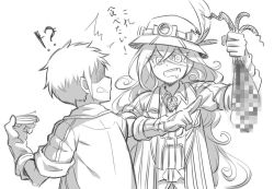 Rule 34 | !?, 1boy, 1girl, :d, ^^^, censored, collared shirt, cr72, gloves, greyscale, hair between eyes, hat, hat feather, holding, jacket, long hair, lyza (made in abyss), made in abyss, monochrome, mosaic censoring, open clothes, open jacket, open mouth, pointing, shaded face, shirt, short hair, sketch, smile, torka, translation request, very long hair, wing collar