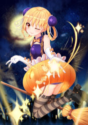 Rule 34 | 1girl, absurdres, blonde hair, bow, elbow gloves, garter straps, gloves, hair ornament, hanami dango (zzldango), highres, jack-o&#039;-lantern, looking at viewer, moon, night, one eye closed, orange bow, original, outdoors, pumpkin, short hair, smile, solo, star (symbol), striped clothes, striped thighhighs, thighhighs, white gloves, yellow eyes