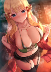 Rule 34 | 1girl, black panties, black thighhighs, blonde hair, blue eyes, blunt bangs, bow, box, breasts, christmas, closed mouth, commentary request, garter straps, gift, gift box, hair bow, highres, jewelry, large breasts, long hair, looking at viewer, navel, necklace, nicoby, panties, princess connect!, red bow, saren (christmas) (princess connect!), saren (princess connect!), smile, solo, standing, striped, striped bow, thighhighs, underwear