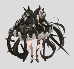 Rule 34 | 2girls, absurdres, amano haruka (sakogamitokuan), animal ears, animal skull, ankle cuffs, black hair, blush, breasts, chain, collar, dark souls (series), dark souls ii, dress, executioner&#039;s chariot, eye trail, hand on own chest, high heels, highres, horse ears, horse girl, light trail, long hair, long sleeves, mask, multiple girls, personification, red eyes, simple background, single leg pantyhose, skull mask, sleeveless, sleeveless dress, torn clothes, torn legwear, twintails, very long hair