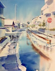 Rule 34 | absurdres, apartment, blue sky, building, day, didi daisukedoi, highres, house, no humans, original, painting (medium), puddle, reflection, reflective water, road sign, scenery, sign, sky, snow, stop sign, traditional media, traffic mirror, utility pole, water, watercolor (medium)