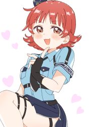 1girl :3 aya_913193 belt belt_buckle black_belt black_gloves black_necktie blue_hat blue_shirt blue_skirt blunt_bangs blush_stickers breast_pocket buckle chest_harness collared_shirt concept_police_(idolmaster) dot_nose finger_to_own_chin fingerless_gloves flipped_hair garrison_cap garter_straps gloves harness hat heart highres idolmaster idolmaster_million_live! idolmaster_million_live!_theater_days leg_up looking_at_viewer mini_hat necktie nonohara_akane official_alternate_costume open_mouth orange_eyes orange_hair pleated_skirt pocket police police_uniform policewoman shirt short_hair short_sleeves side_slit simple_background skirt solo thigh_strap tilted_headwear v-shaped_eyebrows white_background zipper_pull_tab zipper_skirt