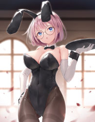 Rule 34 | 1girl, animal ears, areola slip, bare shoulders, black bow, black bowtie, black leotard, black pantyhose, blue eyes, blush, bow, bowtie, breasts, cleavage, covered navel, detached collar, elbow gloves, fake animal ears, glasses, gloves, gluteal fold, hand on own hip, highleg, highleg leotard, highres, indoors, kine-c, large breasts, leotard, looking at viewer, original, pantyhose, petals, pink hair, playboy bunny, rabbit ears, short hair, solo, standing, strapless, strapless leotard, thighband pantyhose, tray, white gloves, window, wrist cuffs