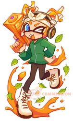 Rule 34 | 1girl, black pants, blue eyes, commentary, commission, english commentary, full body, green jacket, gun, hairband, hand on own hip, headphones, holding, holding gun, holding weapon, inkling, inkling girl, inkling player character, jacket, leaf, nintendo, one eye closed, open mouth, orange hair, paint, pants, shoes, short hair, simple background, solo, splatoon (series), splatoon 3, splattershot jr (splatoon), teeth, tentacle hair, tokkibada, upper teeth only, watermark, weapon, white background, white footwear, white hairband, zipper, zipper pull tab