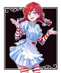 Rule 34 | 1girl, apron, black background, blue eyes, detached sleeves, dress, freckles, gloves, hair ribbon, iesupa, pun, red hair, ribbon, short twintails, shrugging, smile, smug, solo, striped clothes, striped dress, striped gloves, thighhighs, twintails, wendy&#039;s, wendy (wendy&#039;s)