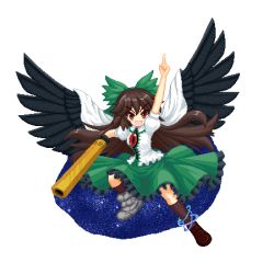Rule 34 | 1girl, arm cannon, asymmetrical footwear, black footwear, black frills, black legwear, black wings, blouse, bow, brown hair, collared shirt, control rod, frilled skirt, frills, green bow, green skirt, hair bow, long hair, lowres, mismatched footwear, pixel art, pointing, pointing up, red eyes, reiuji utsuho, shirt, simple background, skirt, smile, solo, starry sky print, third eye, touhou, tsukimiya toito, v-shaped eyebrows, weapon, white background, white shirt, wings