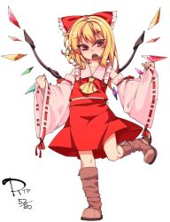 Rule 34 | 1girl, alternate costume, ascot, bad id, bad twitter id, blonde hair, boots, bow, brown footwear, cosplay, detached sleeves, flandre scarlet, hair bow, hakurei reimu, hakurei reimu (cosplay), open mouth, red bow, red eyes, red skirt, ribbon-trimmed sleeves, ribbon trim, shamo (koumakantv), simple background, skirt, skirt set, solo, standing, standing on one leg, touhou, vest, white background, wide sleeves, wings